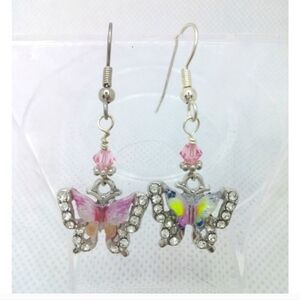 Whimsical Dangle Butterfly Charm Eaerrings Hand Made Pink Colorful Wings Sparkle